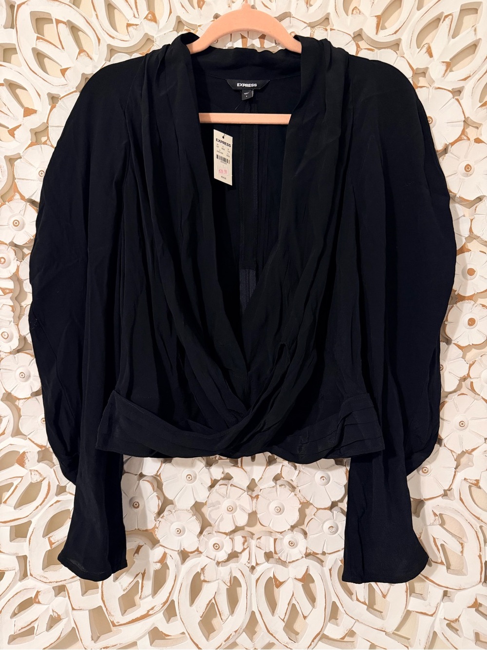 Express Black Draped Crossover Long-Sleeve Blouse - Size Large